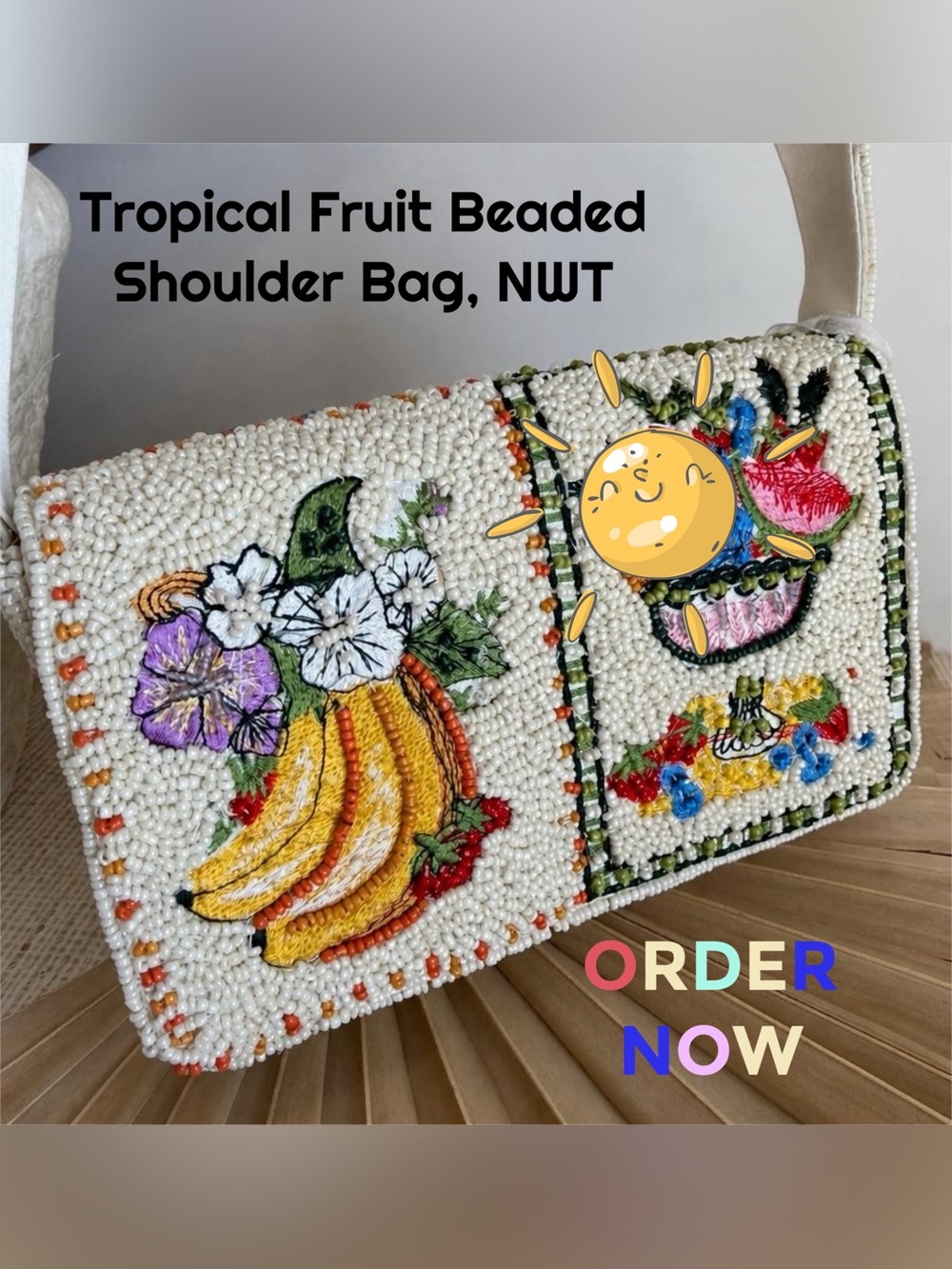 Colorful Tropical Fruit‎ Beaded Bag. Each side as a different Beaded Landscape.
